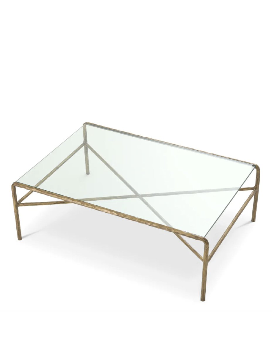 Table basse avec plateau en verre trempé et structure en aluminium finition laiton vintage-photo-3