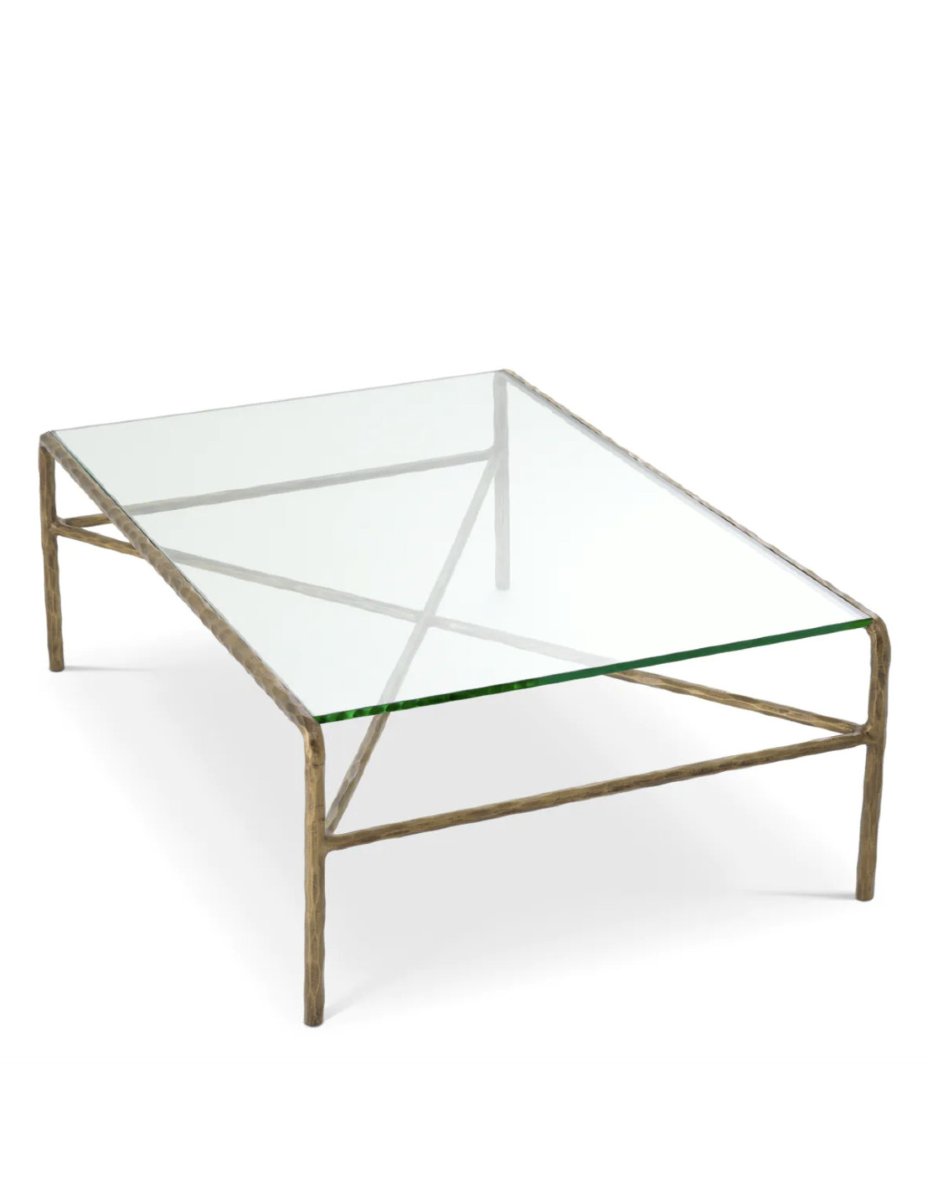 Table basse avec plateau en verre trempé et structure en aluminium finition laiton vintage-photo-4