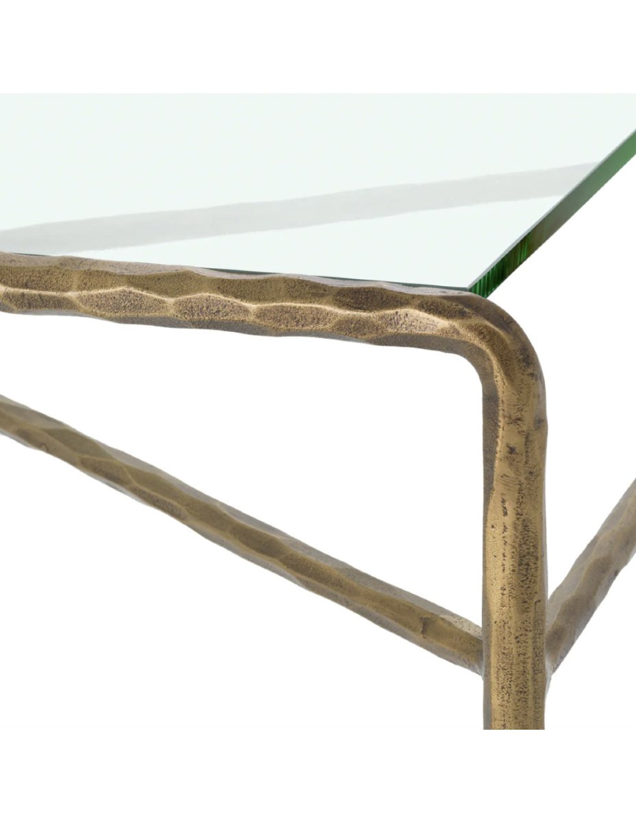 Table basse avec plateau en verre trempé et structure en aluminium finition laiton vintage-photo-1