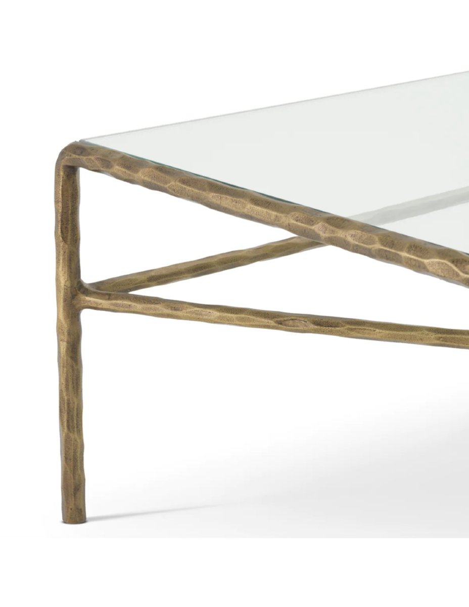 Table basse avec plateau en verre trempé et structure en aluminium finition laiton vintage-photo-2