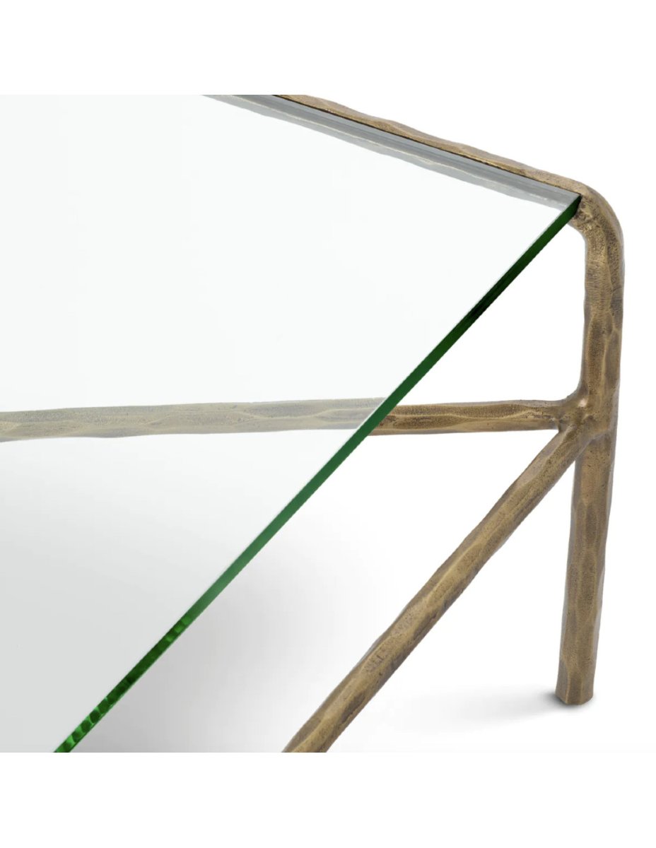 Table basse avec plateau en verre trempé et structure en aluminium finition laiton vintage-photo-3