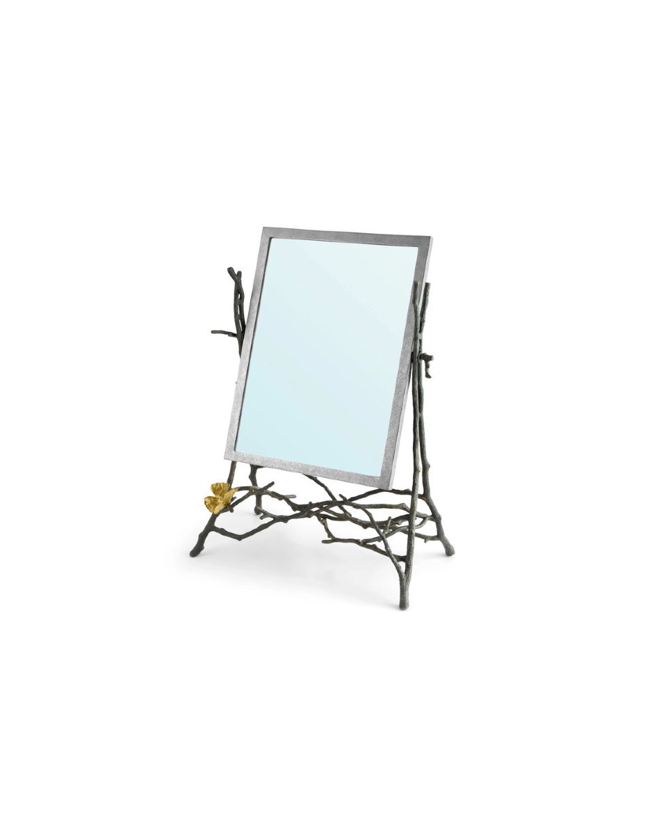 Contemporary Metal Tabletop Mirror Featuring A Ginkgo Leaf Design In Golden Tones-photo-2
