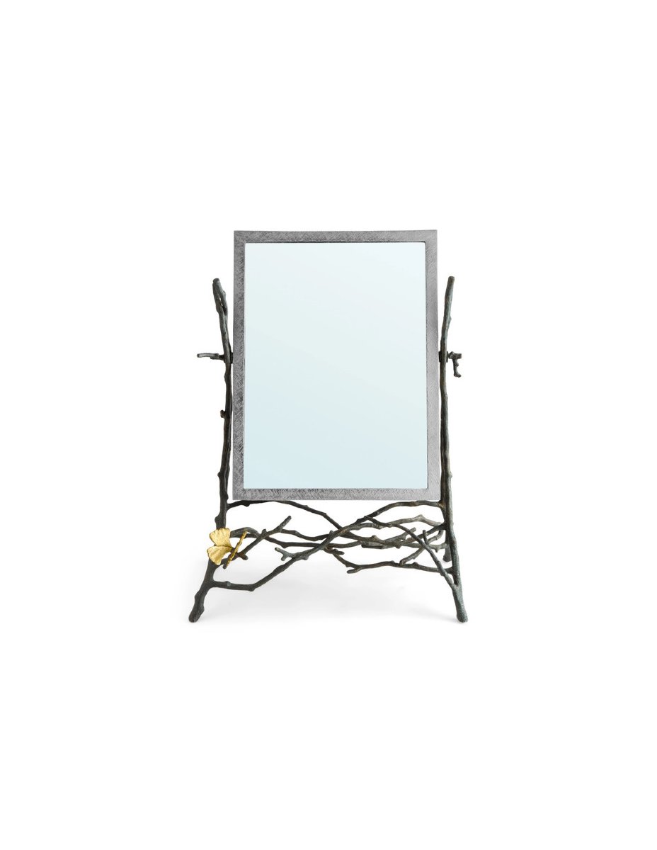 Contemporary Metal Tabletop Mirror Featuring A Ginkgo Leaf Design In Golden Tones