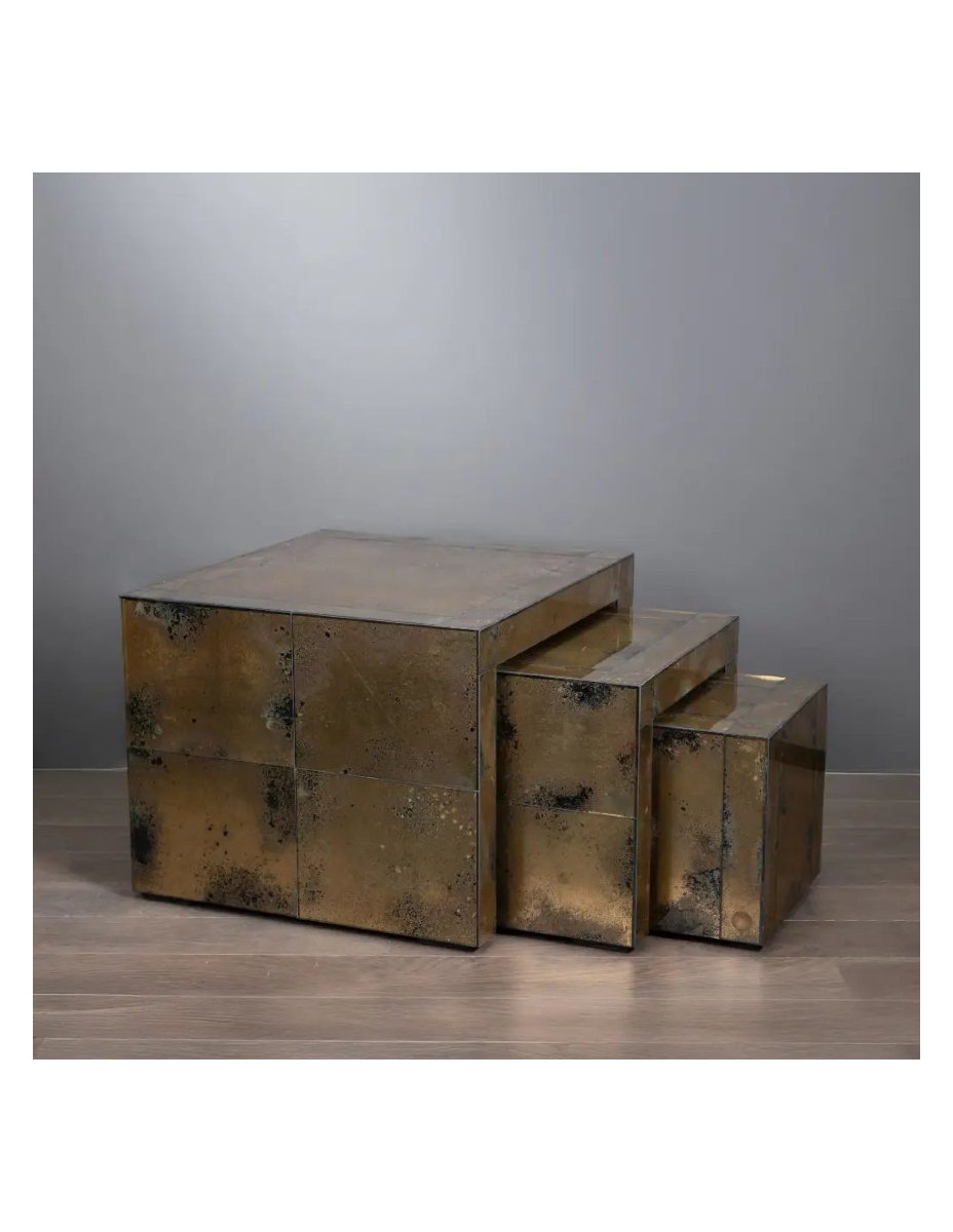 Set Of Three Metal Coffee Tables With An Oxidized Mirror Finish In A 1970s Style-photo-2