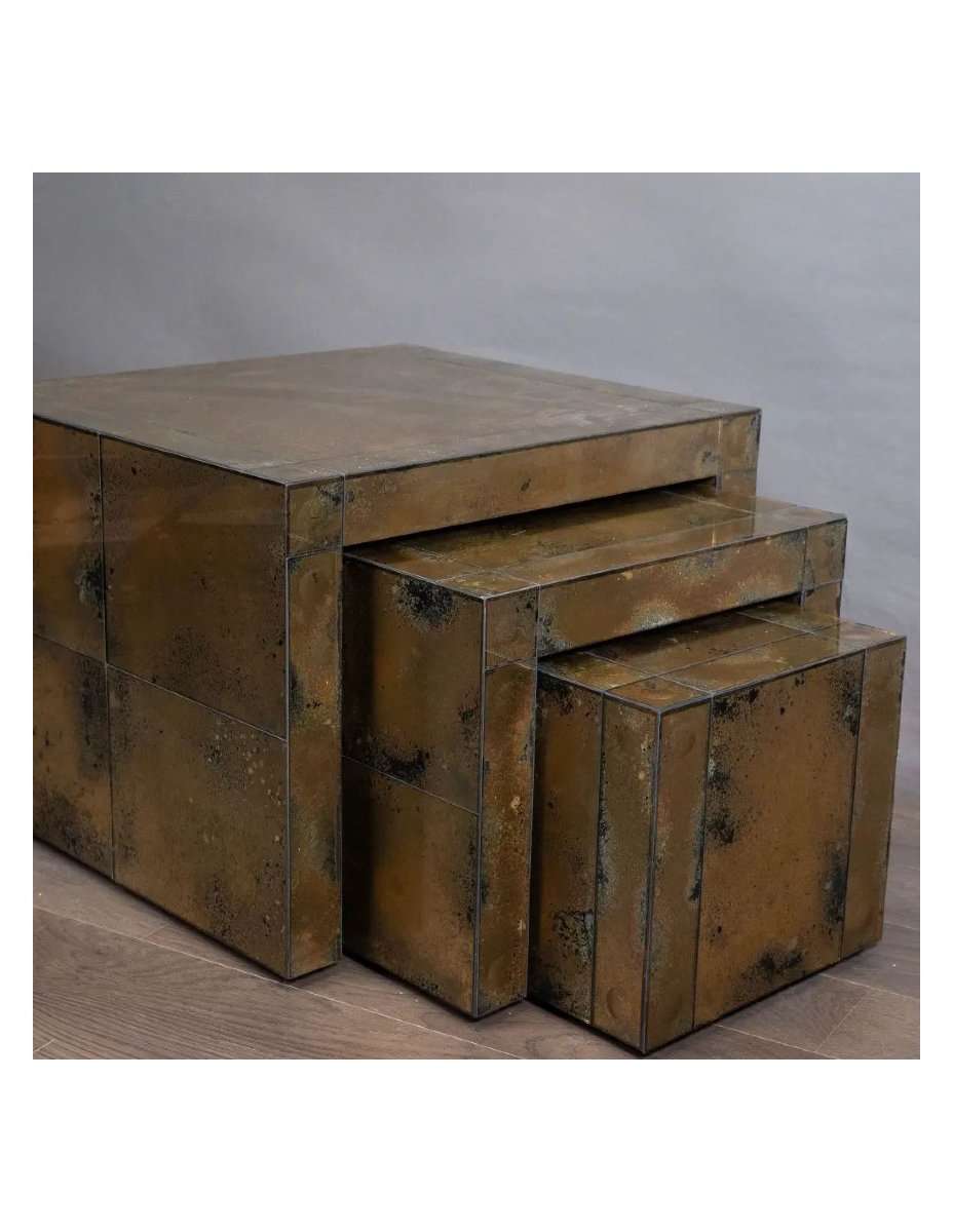 Set Of Three Metal Coffee Tables With An Oxidized Mirror Finish In A 1970s Style