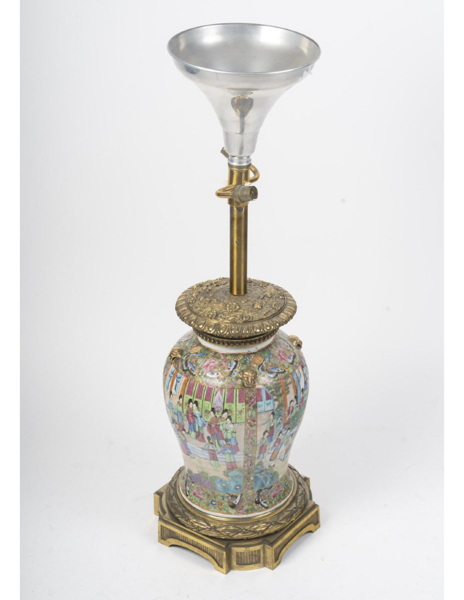 Importante lampe de table en porcelaine de Satsuma et bronze doré, XIXème siècle.-photo-4