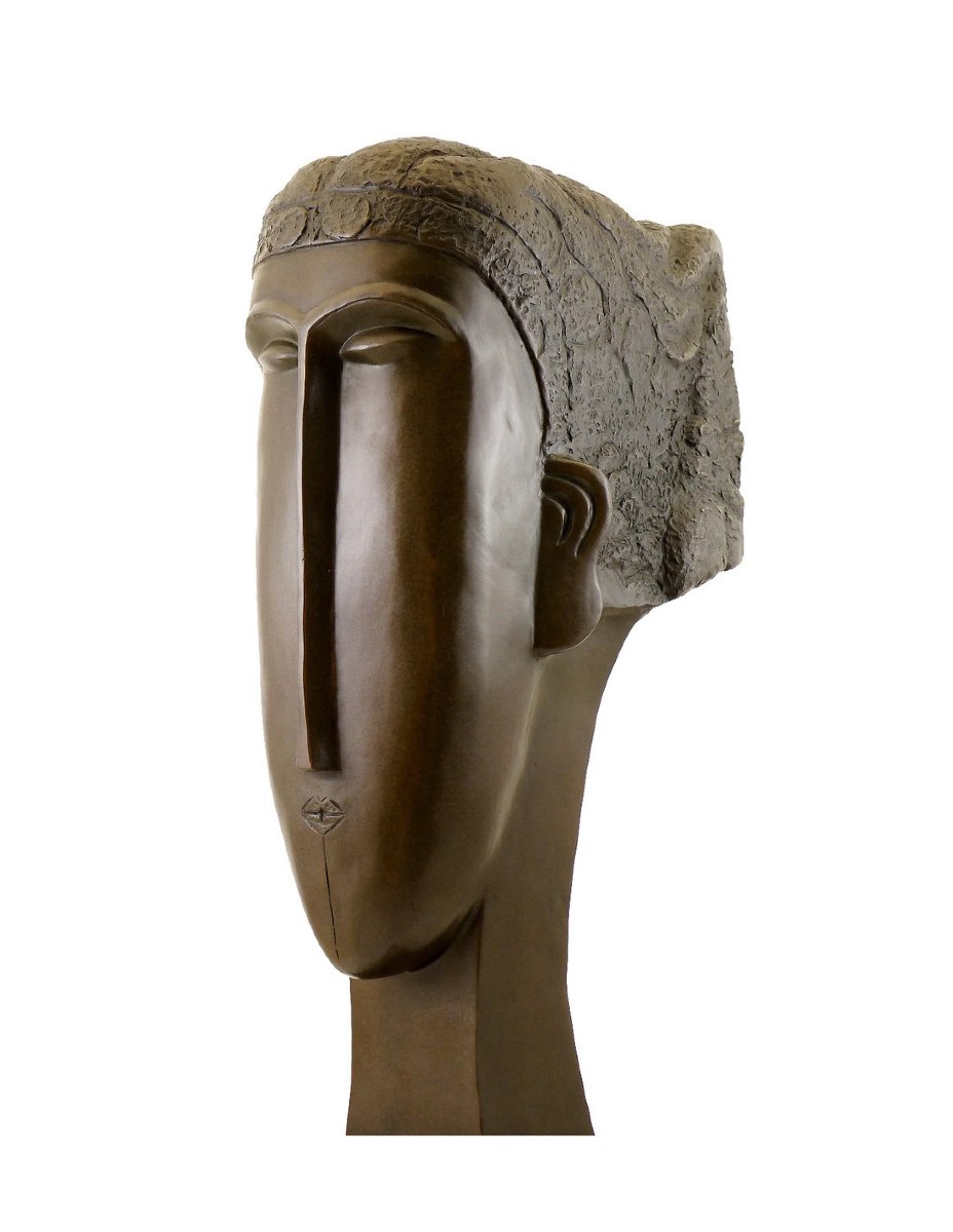Sculpture Art Déco en bronze à patine brune représentant une tête de femme-photo-2