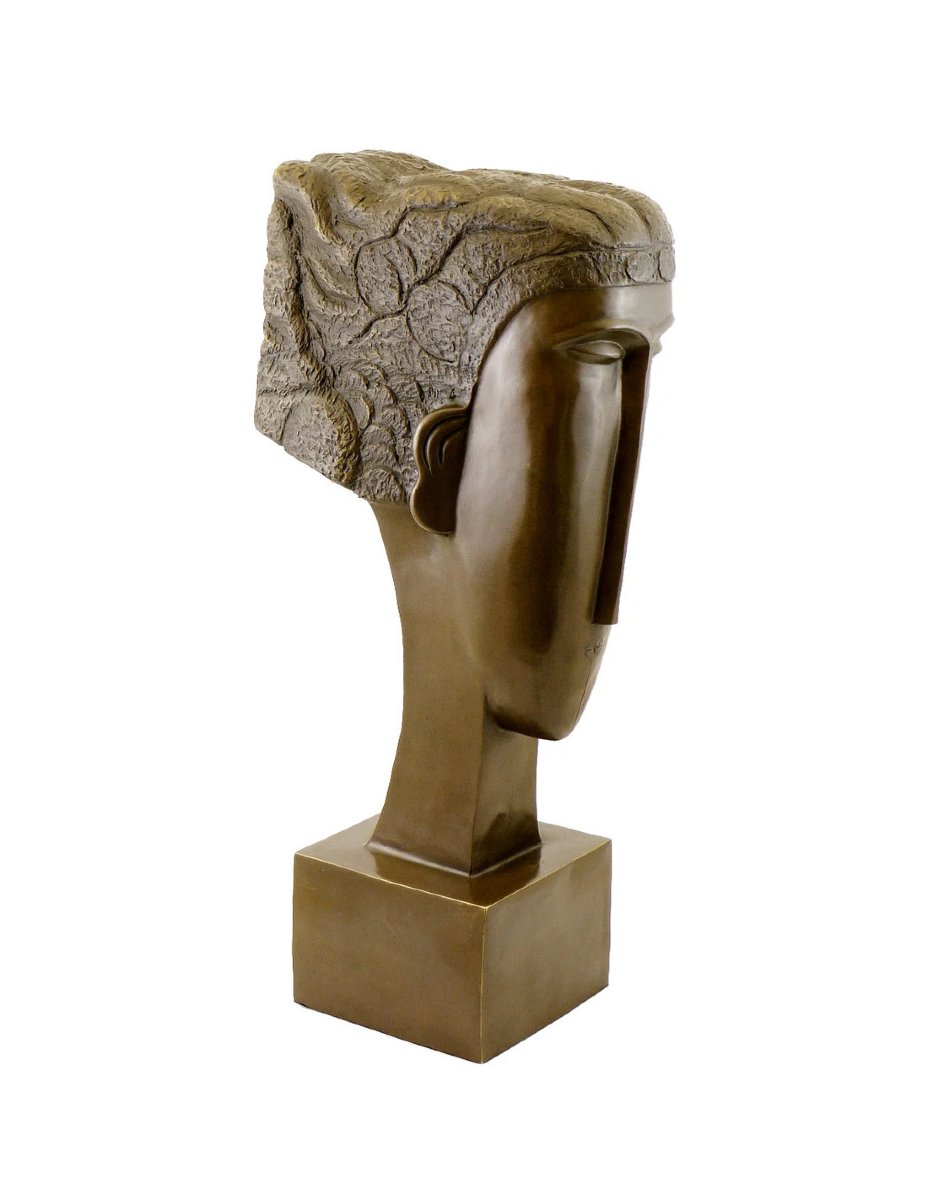 Sculpture Art Déco en bronze à patine brune représentant une tête de femme-photo-2