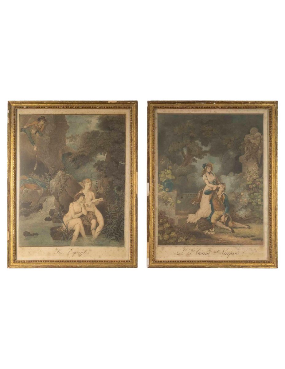 Pair Of Watercolors By Schall P. And Descourtis, 19th Century, Napoleon III Era.