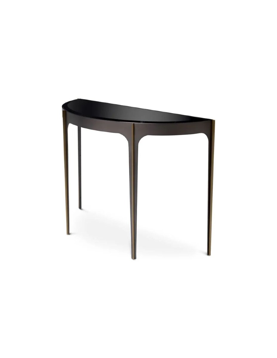 Console contemporaine, demi-lune en bronze, laiton brossé et verre noir-photo-3