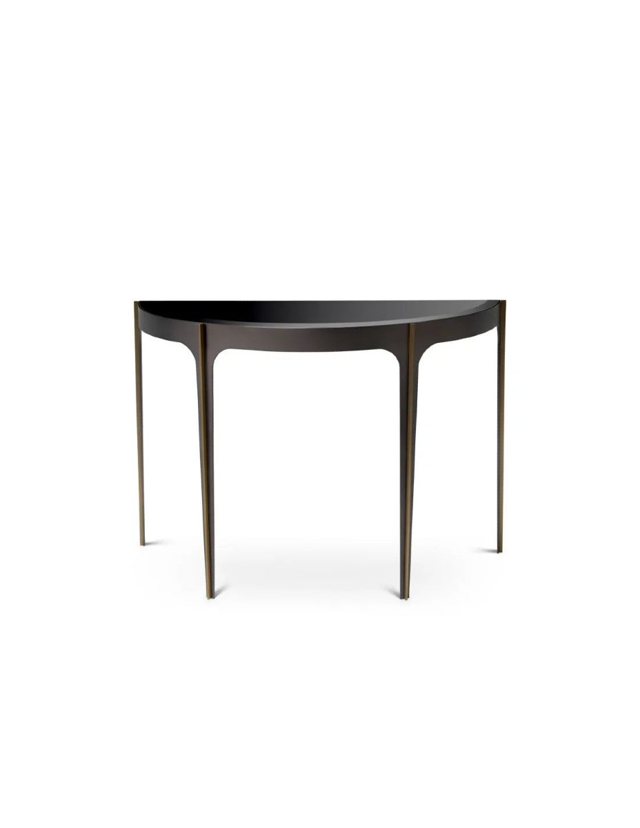 Console contemporaine, demi-lune en bronze, laiton brossé et verre noir-photo-4