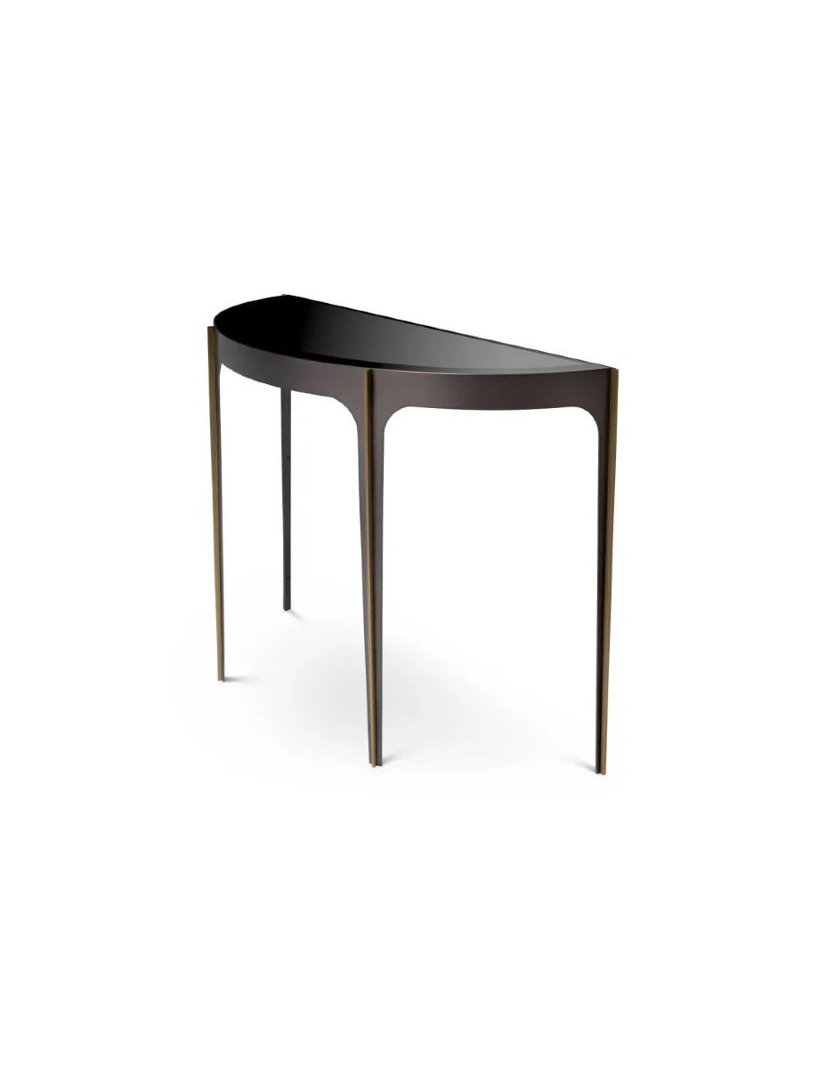 Console contemporaine, demi-lune en bronze, laiton brossé et verre noir