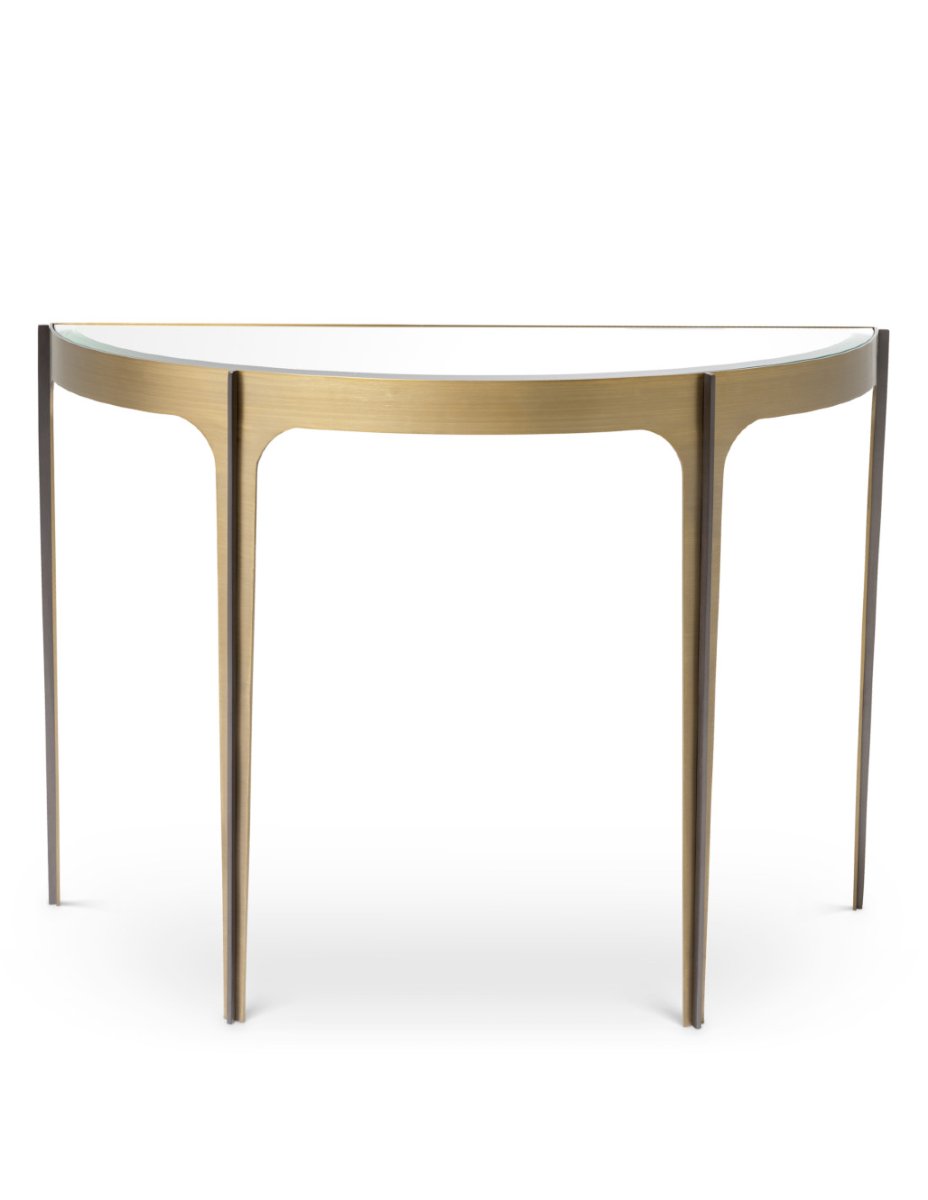 Console design en demi-lune en finition laiton brossé et miroir biseauté-photo-2