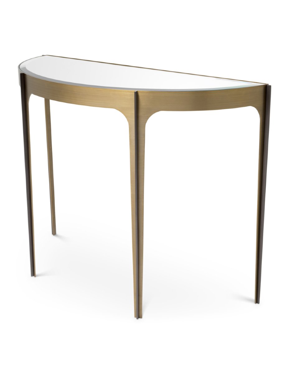 Console design en demi-lune en finition laiton brossé et miroir biseauté