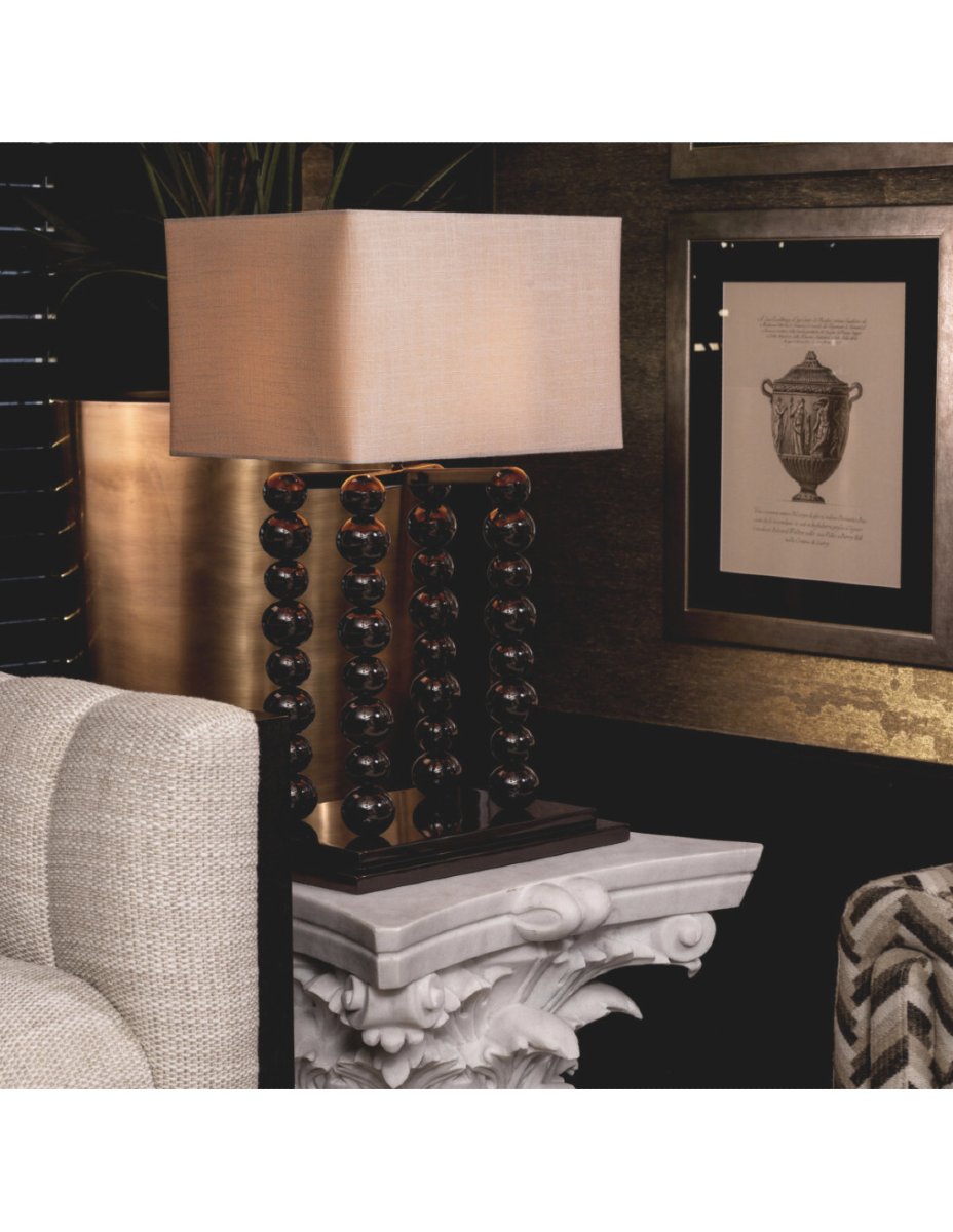 Pair Of Table Lamps In A Piano Black Finish With White Linen Shades-photo-2