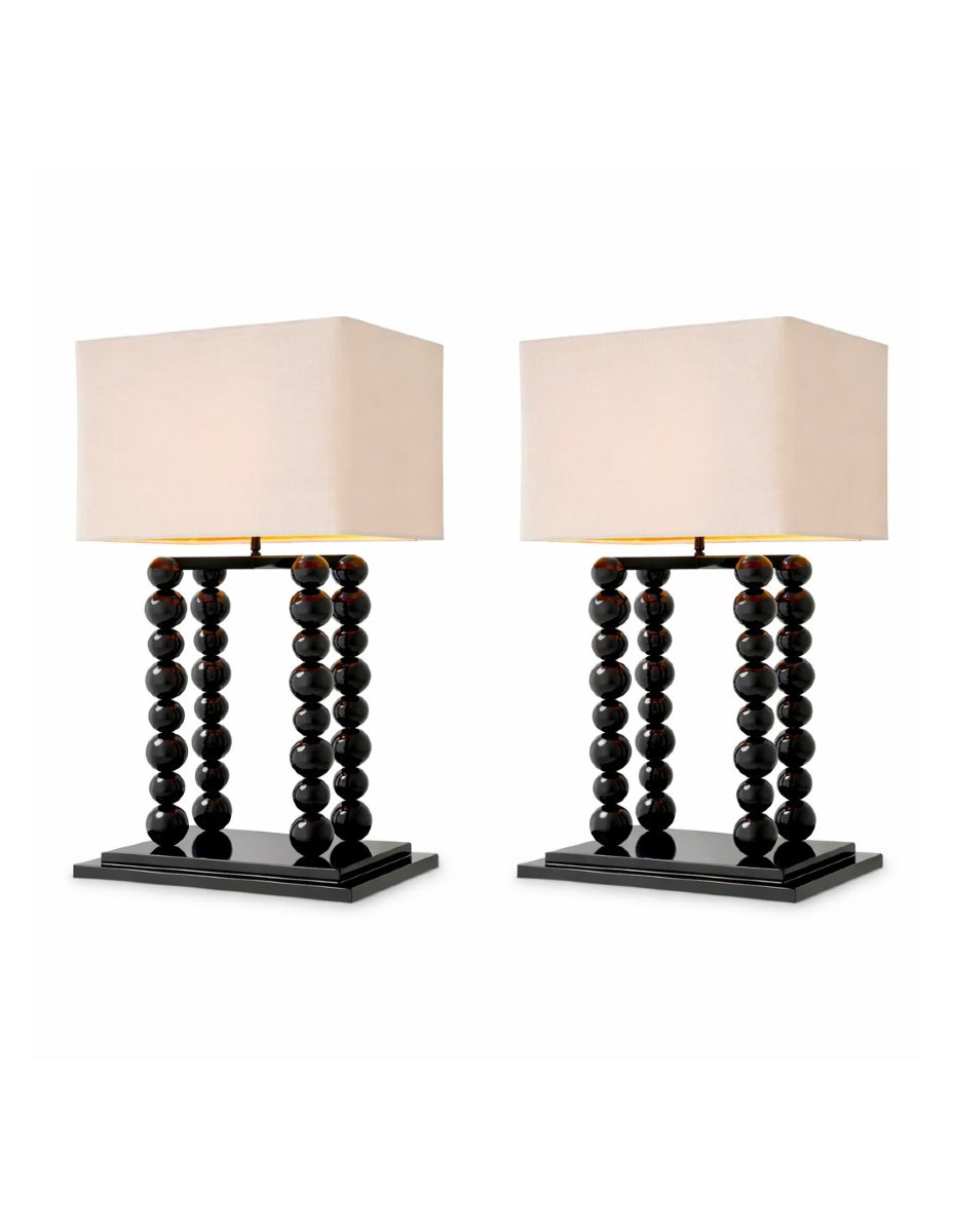 Pair Of Table Lamps In A Piano Black Finish With White Linen Shades-photo-2