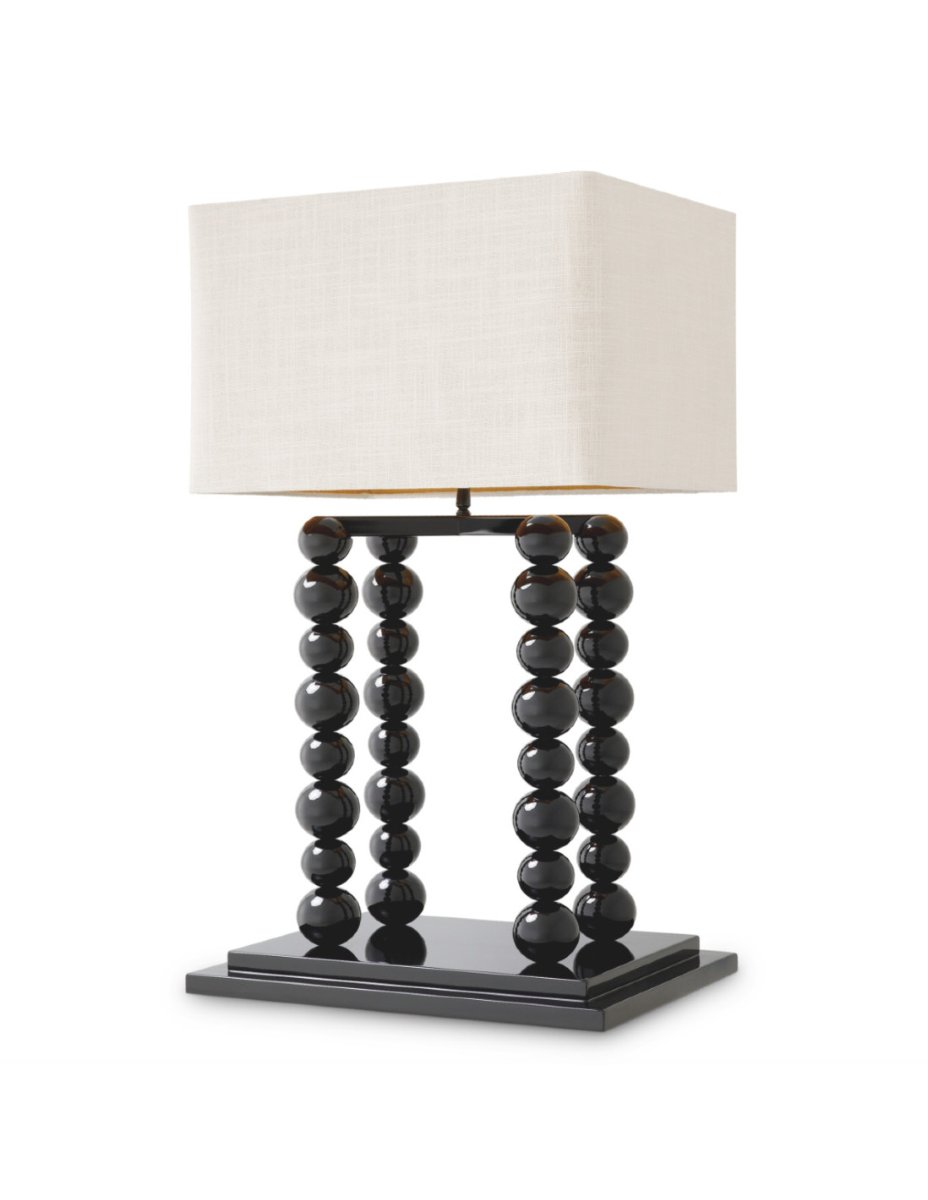 Pair Of Table Lamps In A Piano Black Finish With White Linen Shades