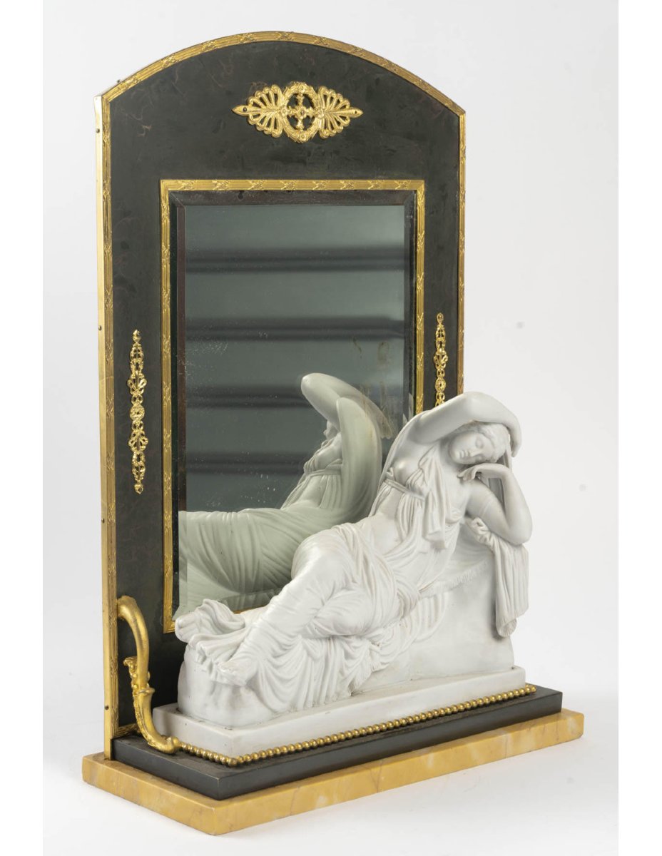 Miroir de toilette de style Empire en biscuit, marbre et laiton doré, XIXème siècle.-photo-2