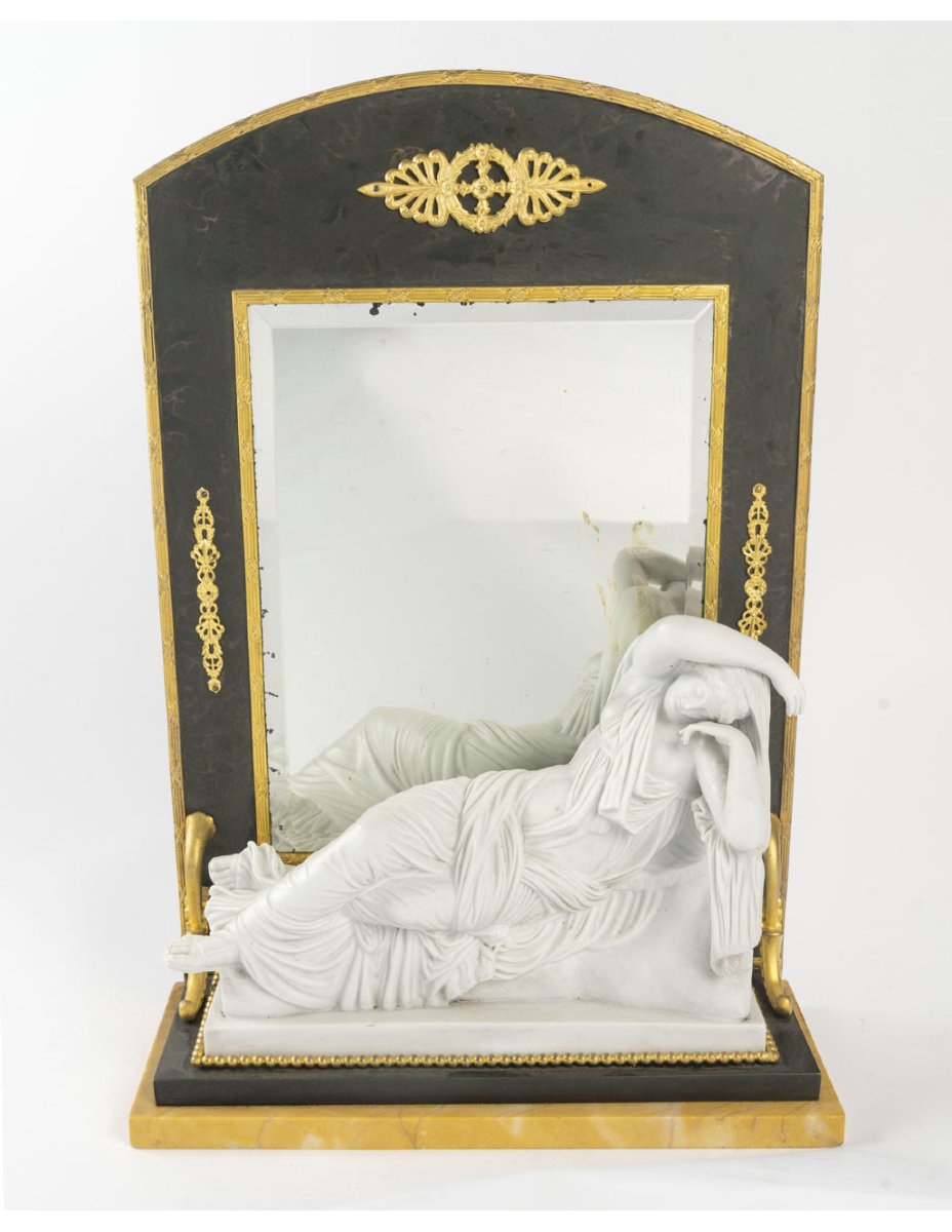 Miroir de toilette de style Empire en biscuit, marbre et laiton doré, XIXème siècle.-photo-4