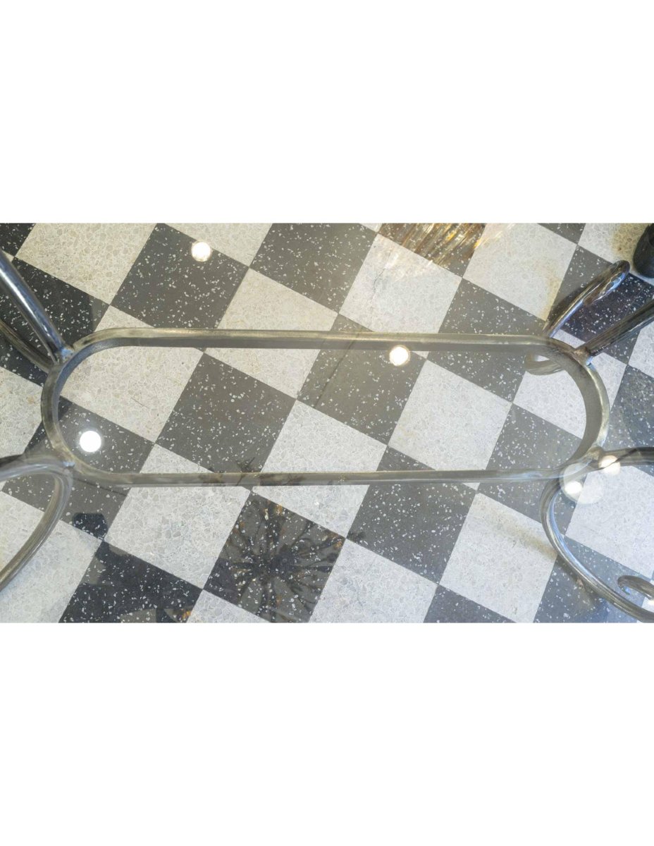 Table de salle à manger en fer forgé plein et plateau de verre, XXème siècle.-photo-1