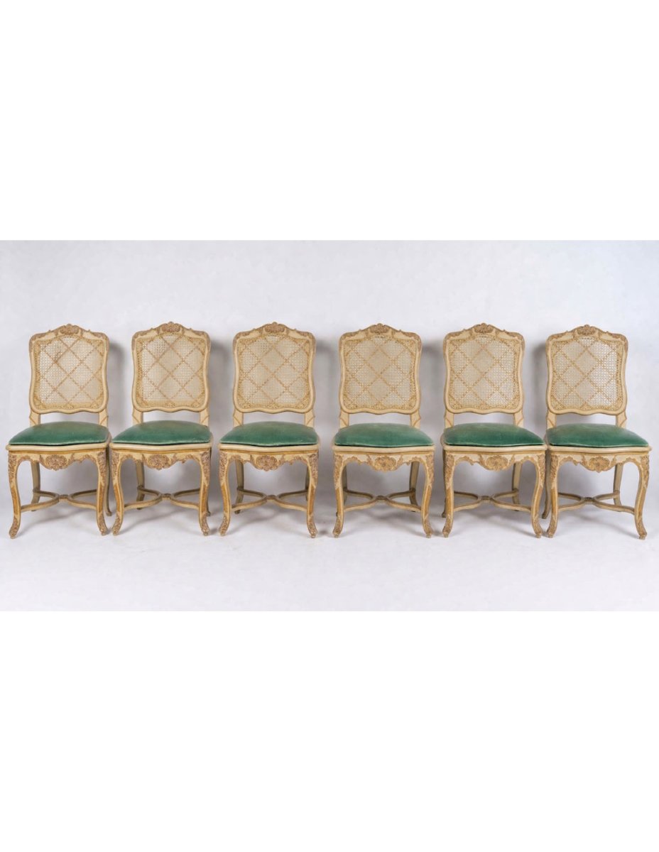 A Set Of 6 Carved And Lacquered Wooden Chairs In The Louis XV Style, 20th Century.-photo-2