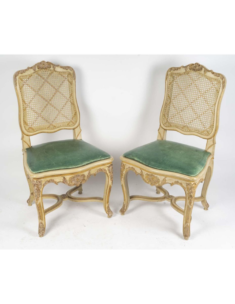 A Set Of 6 Carved And Lacquered Wooden Chairs In The Louis XV Style, 20th Century.-photo-1