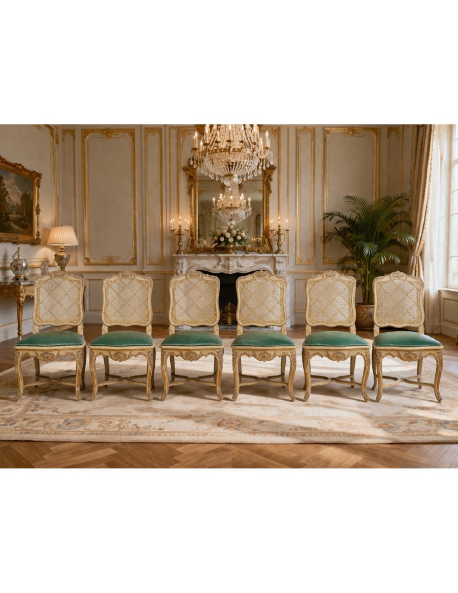 A Set Of 6 Carved And Lacquered Wooden Chairs In The Louis XV Style, 20th Century.-photo-6