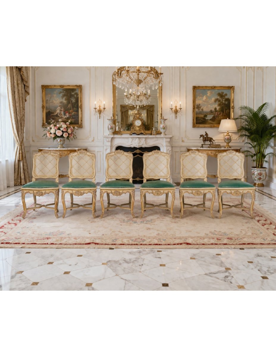 A Set Of 6 Carved And Lacquered Wooden Chairs In The Louis XV Style, 20th Century.-photo-7