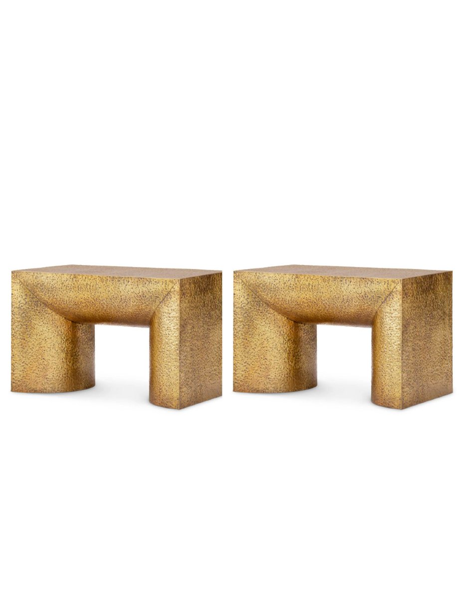 Set Of Two Side Tables Made Of Hammered Brass