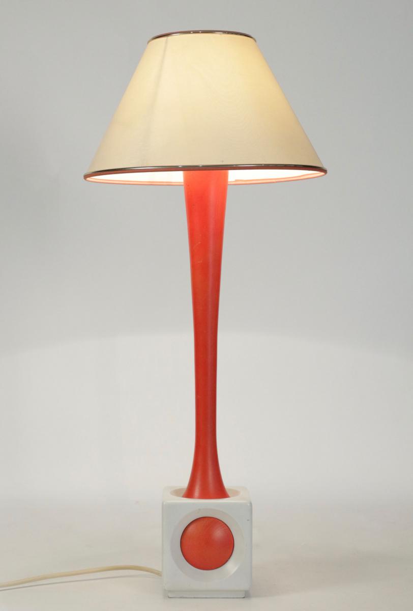 Lampe En Bois Peint Orange Et Blanc, Année 1960.