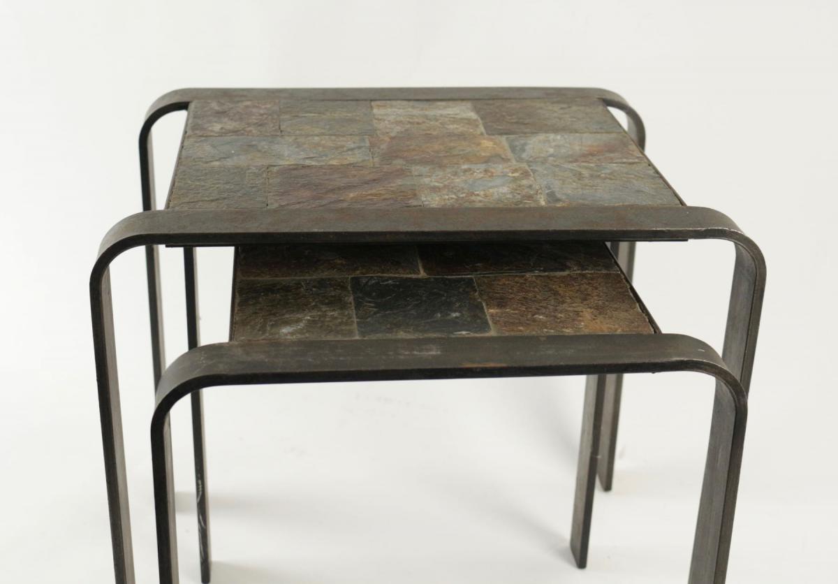 Nesting Tables Of The 1960 - 70’s In Wrought Iron And Slate.-photo-3