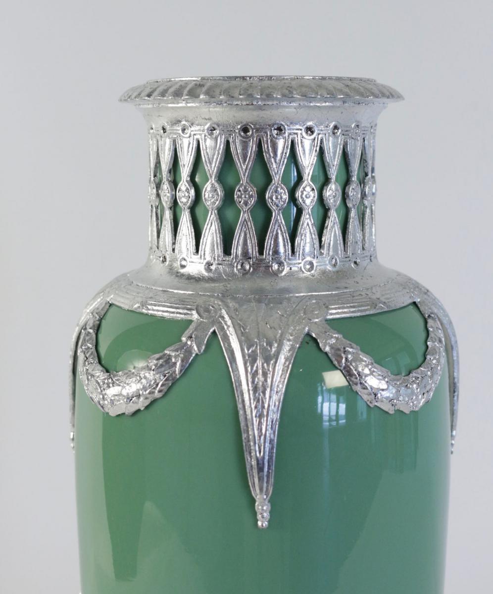 Vase, Celadon, Faïence, Monté Métal Argenté à La Feuille d'Argent.-photo-3