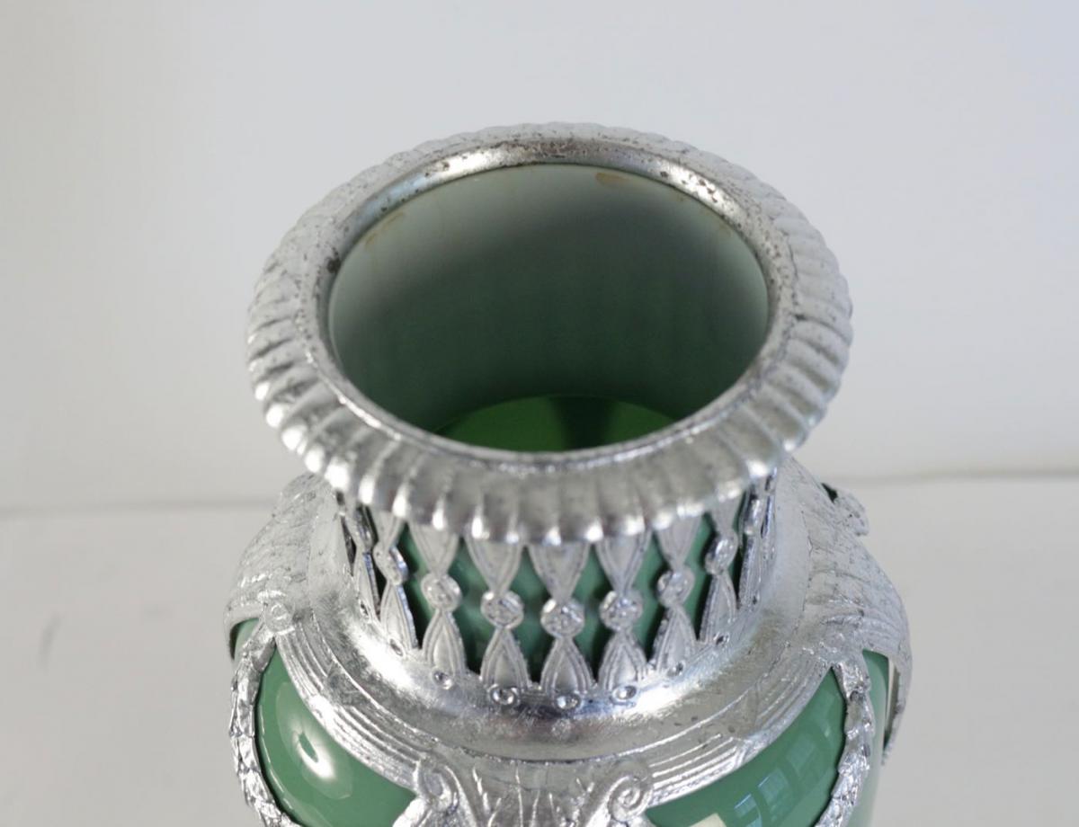 Vase, Celadon, Faïence, Monté Métal Argenté à La Feuille d'Argent.-photo-4