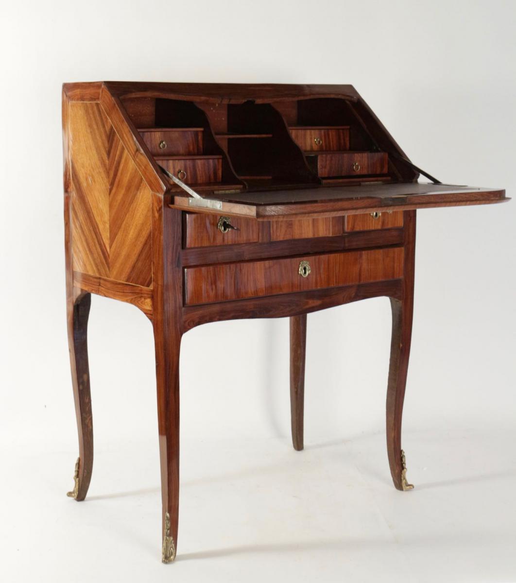 Bureau De Pente, Style Louis XV, Placage De Bois Précieux, 19ème Siècle