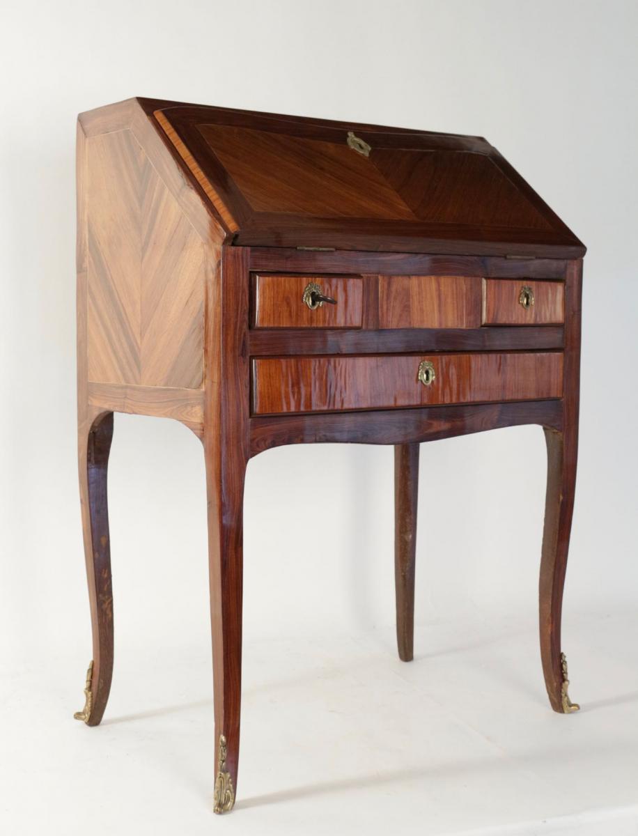 Bureau De Pente, Style Louis XV, Placage De Bois Précieux, 19ème Siècle-photo-2