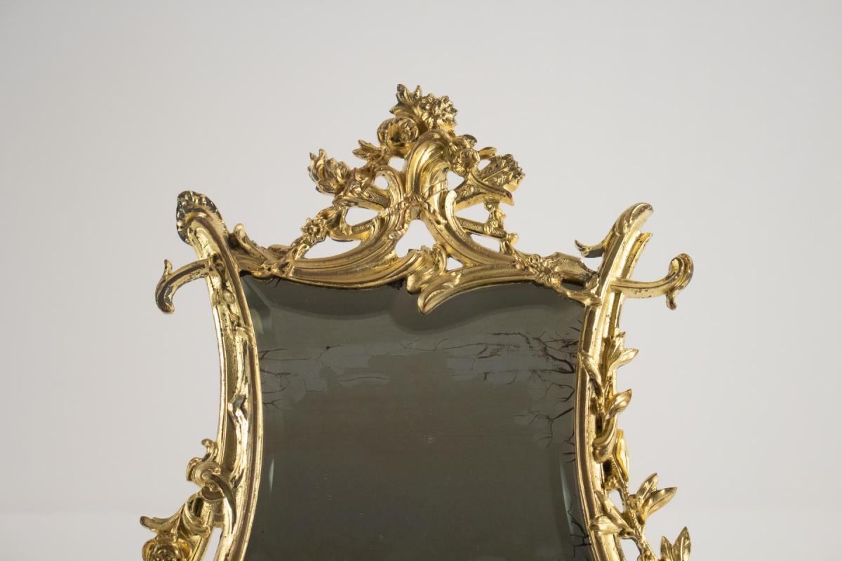 Miroir De Table En Bronze Doré d'Origine, d'époque Napoléon III, Style Louis XV, 19ème Siècle-photo-3