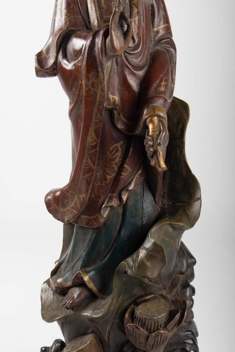 Guanyin En Bois Sculpté Et Polichromie, Chine, Début Du XXème Siècle, Art d'Asie-photo-3