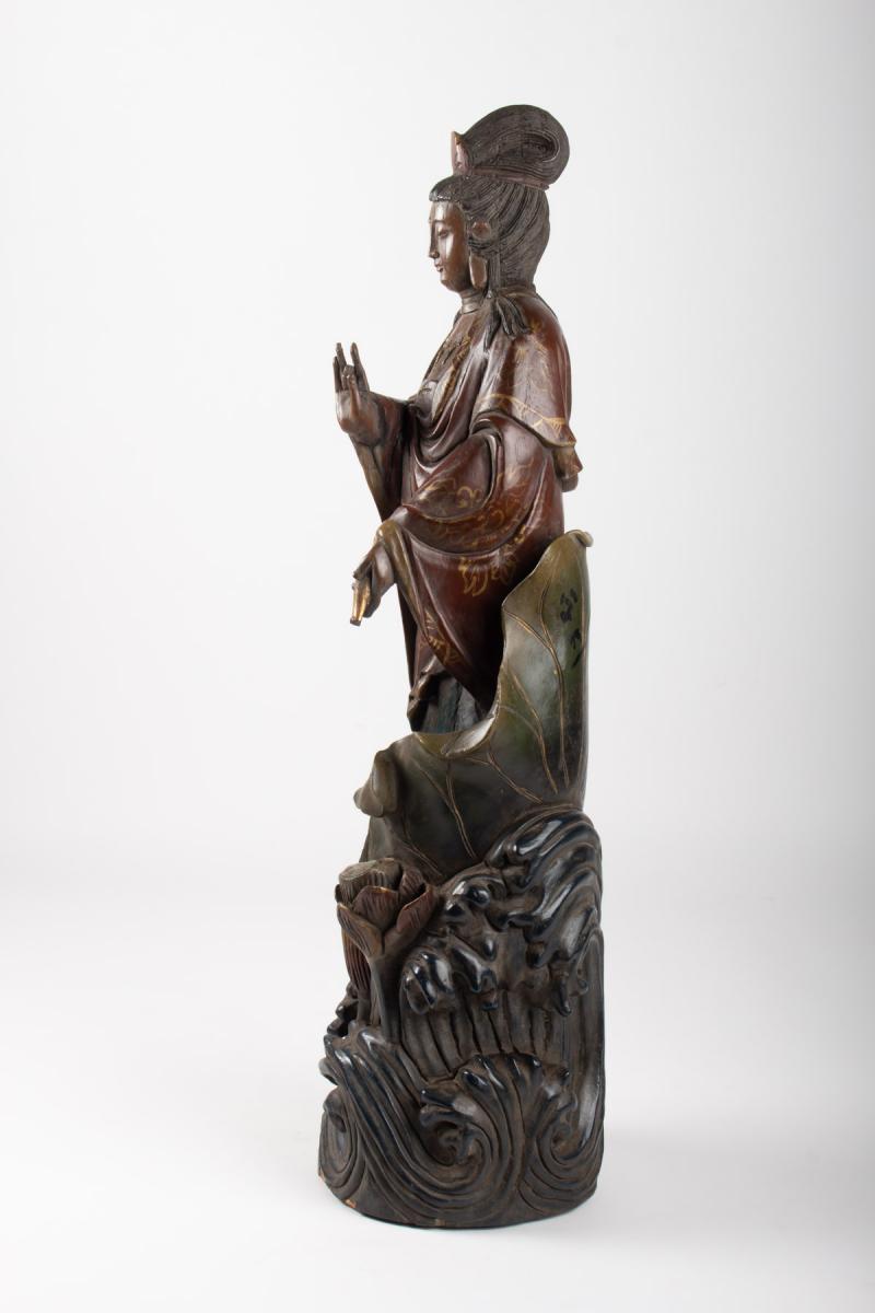 Guanyin En Bois Sculpté Et Polichromie, Chine, Début Du XXème Siècle, Art d'Asie-photo-1