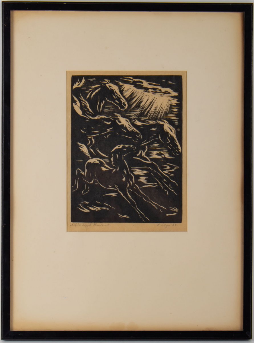 Gravure, Signée, 1928, Représentant Des Chevaux Stylisés En Course, Encadrée