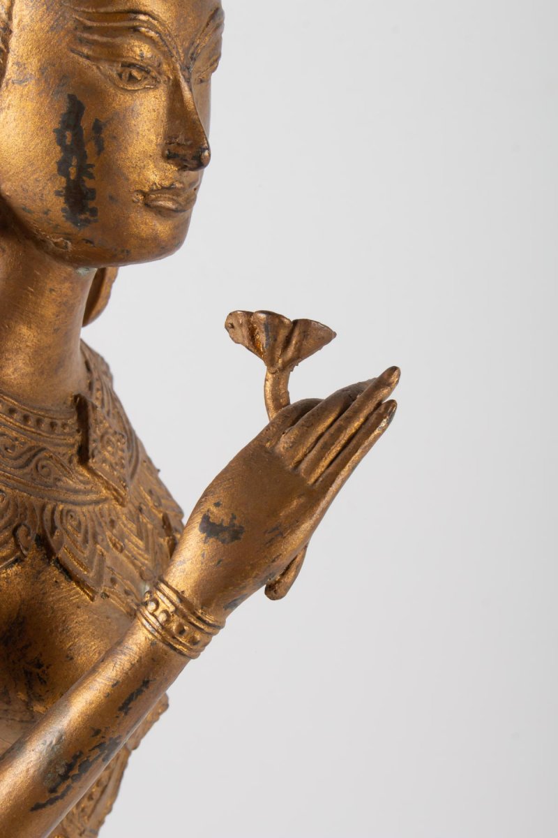 Indonesian Goddess In Gilded Metal Holding A Lotus Flower, 1920-1940-photo-1