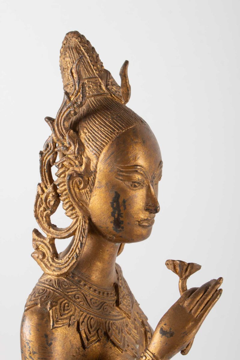 Indonesian Goddess In Gilded Metal Holding A Lotus Flower, 1920-1940-photo-2