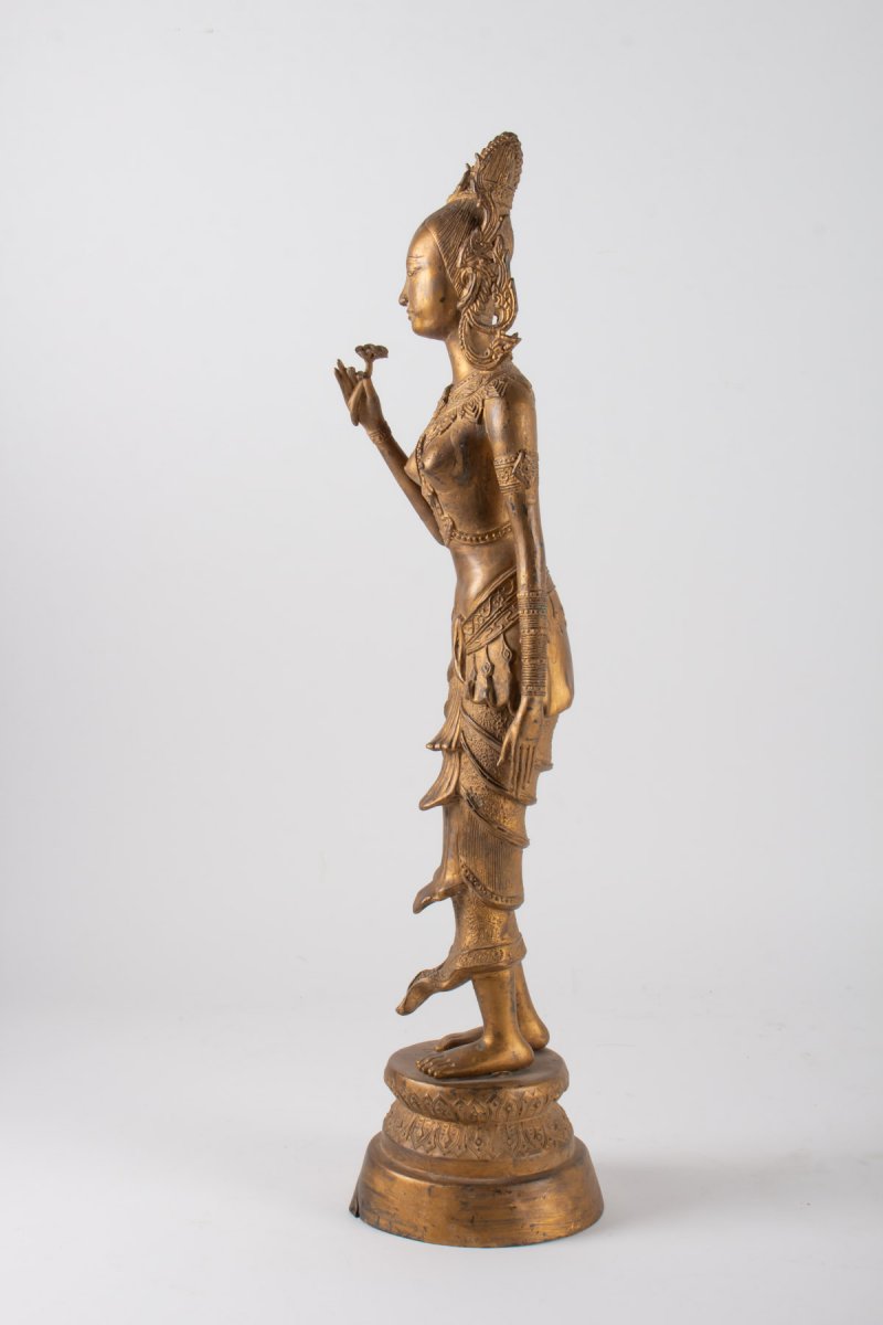 Indonesian Goddess In Gilded Metal Holding A Lotus Flower, 1920-1940-photo-6