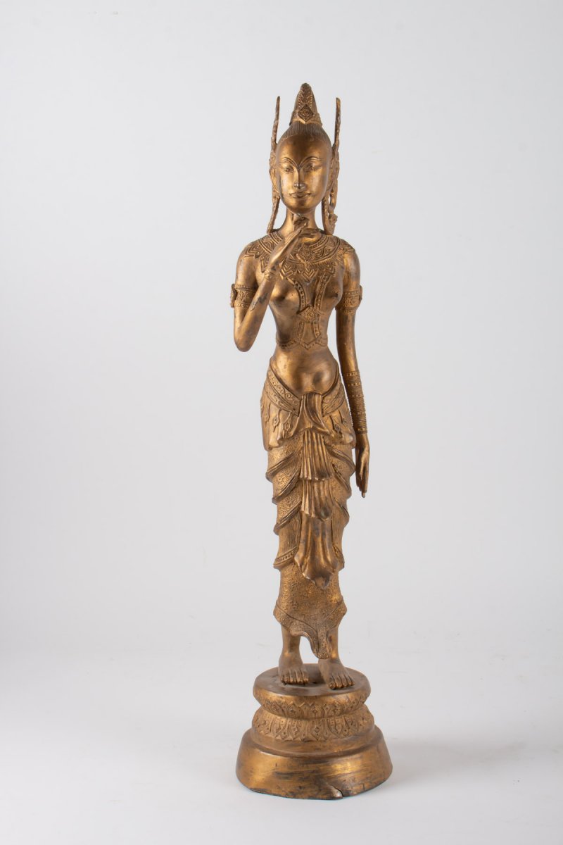 Indonesian Goddess In Gilded Metal Holding A Lotus Flower, 1920-1940