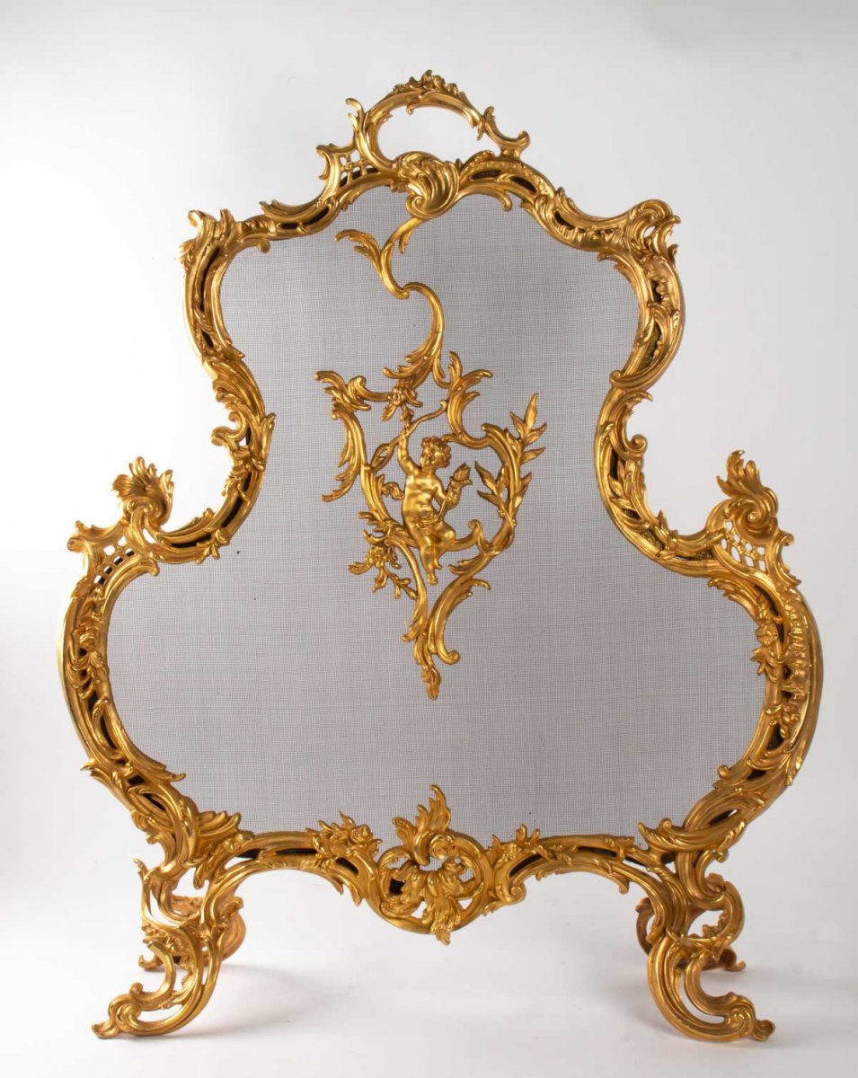 Important Pare Feu En Broze Doré Du XIXème Siècle, Epoque Napoléon III, Grande Décoration