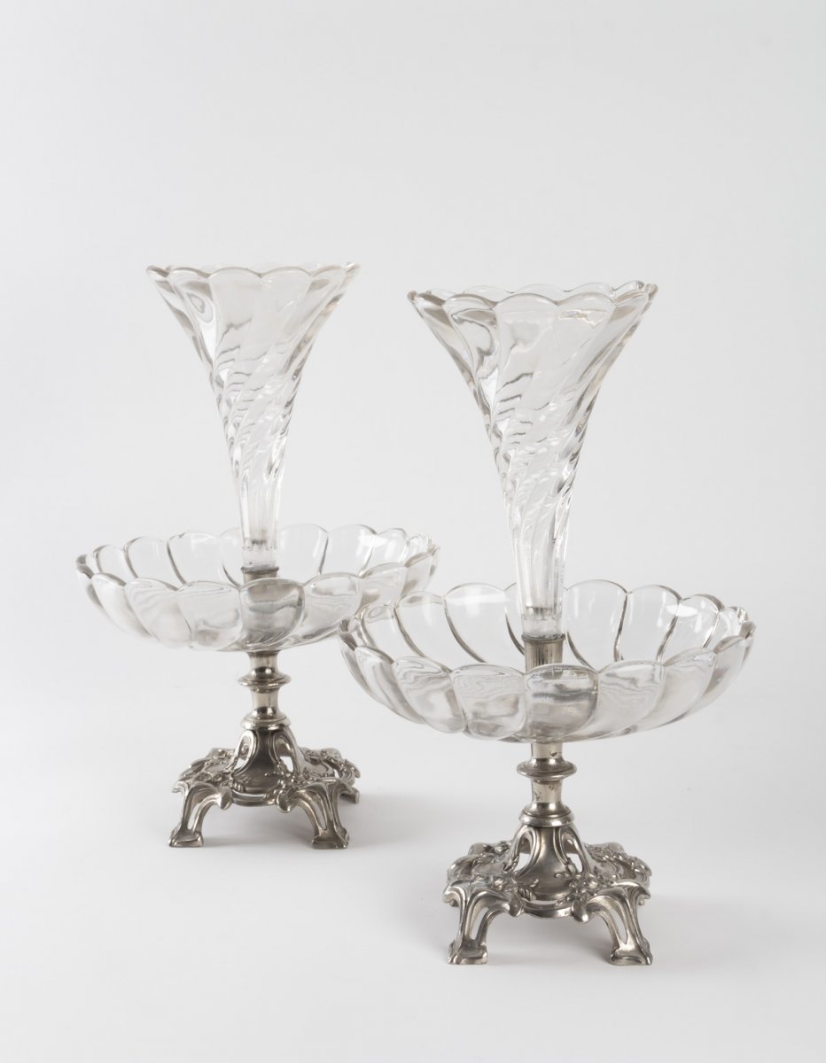Pair Of Silvered And Crystal Metal Bouquetières, Art Nouveau, 1910-photo-2