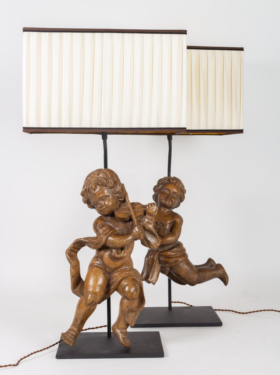 Paire d'Amours En Bois Sculpté Du XVIIIème Siècle Montés En Une Importante Lampe-photo-2