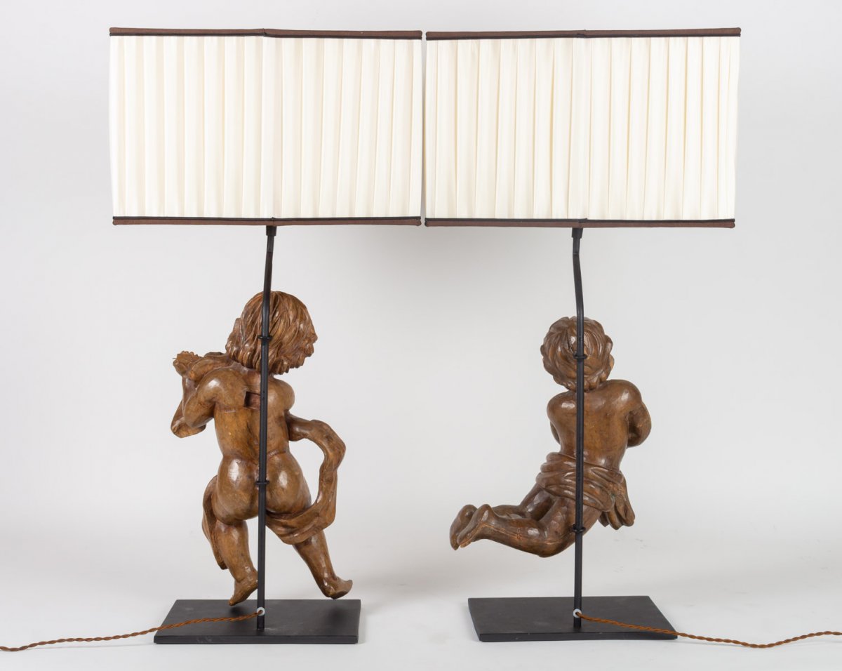 Paire d'Amours En Bois Sculpté Du XVIIIème Siècle Montés En Une Importante Lampe-photo-4