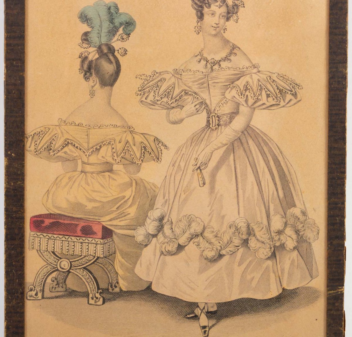 19th Century Engraving, Under Glass, Depicting An Elegant Front And Back-photo-3