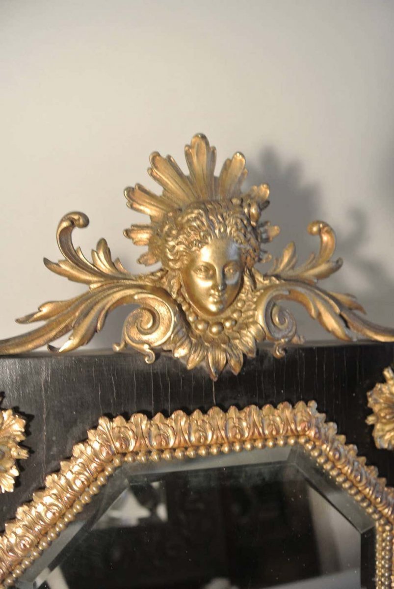 Table Mirror Ormolu On Ebony, Beveled Mirror And Gilded Bronze-photo-3