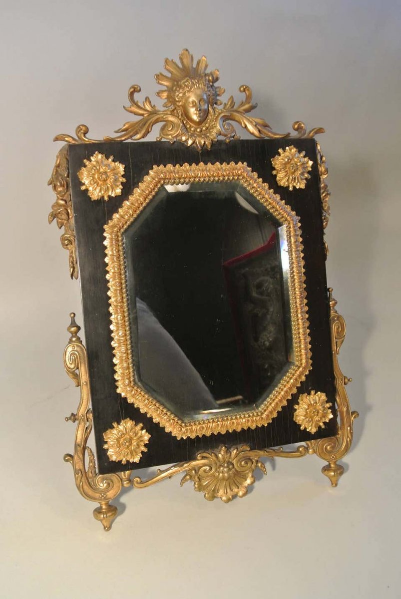 Table Mirror Ormolu On Ebony, Beveled Mirror And Gilded Bronze-photo-2